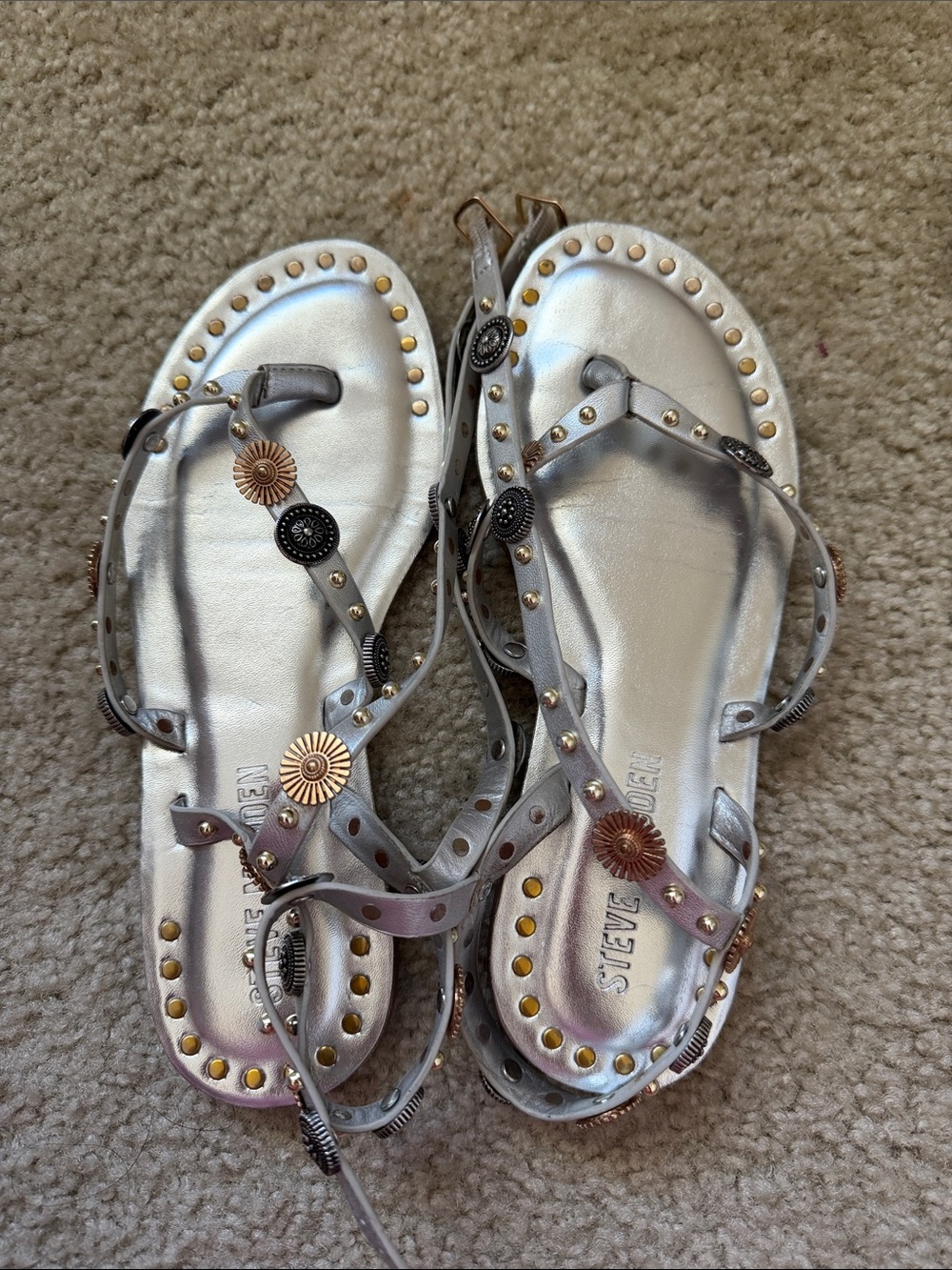 Steve Madden Metallic Silver Studded T-Strap Sandals with Medallions